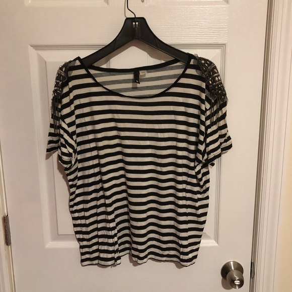 H & M Striped Embellished SS Top Size 6 - Picture 1 of 5